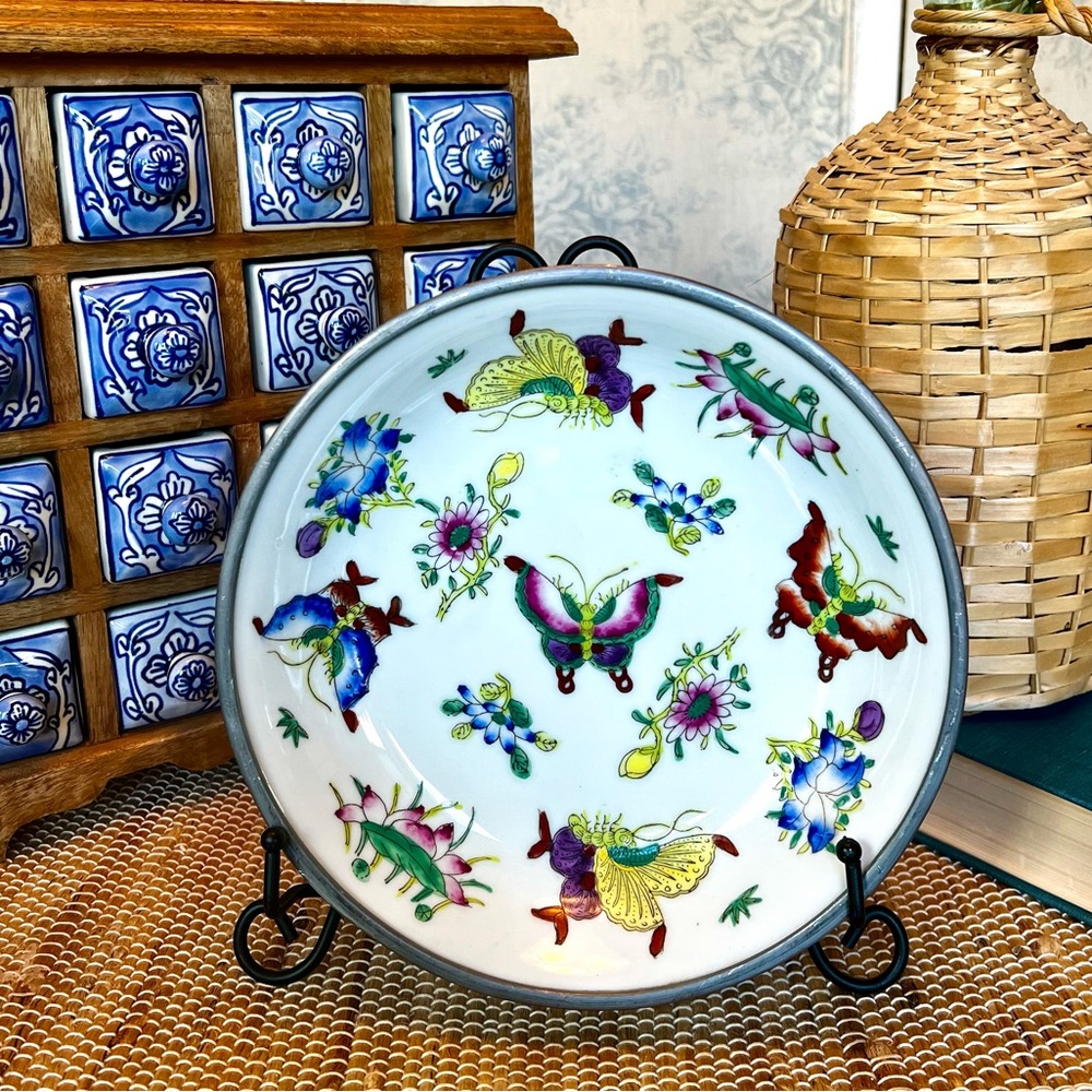 Vintage Japanese Hand Painted Porcelain & Pedestal Pewter Bowl, 9.5”